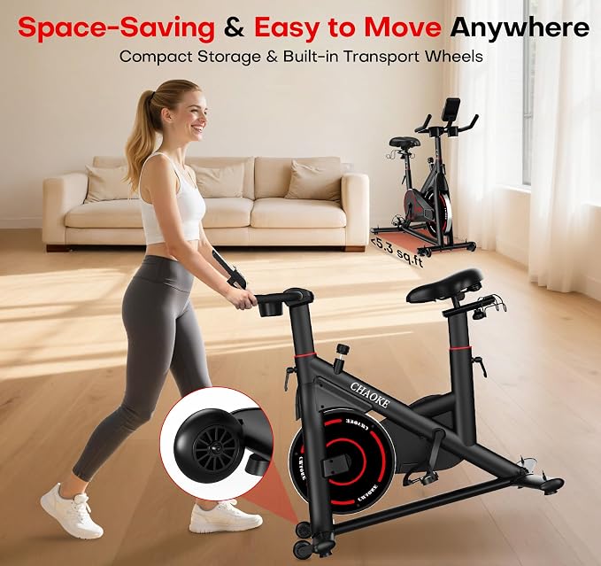 CHAOKE Exercise Bike, Quiet Adjustable Magnetic Stationary Bike for Home Cardio with App Compatible, 350LB Weight Capacity Indoor Cycling Bike with Comfortable Seat, Digital Display for Home Fitness