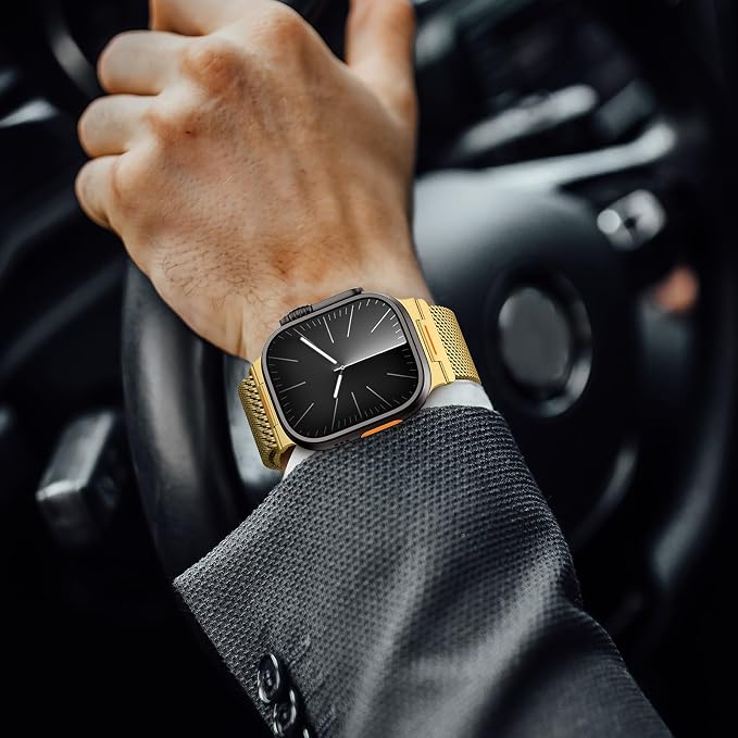 Bands Compatible with Apple Watch Ultra 3/2/1 Band 49/46/45/44mm | Milanese Loop Magnetic Stainless Steel Strap for iWatch Ultra SE 3/2/1 Series 11 10 9 8 7 6 5 4 3 2 1 Men, Gold