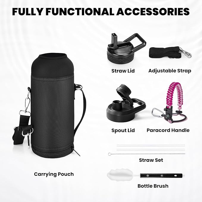 RAYMYLO Insulated Water Bottle 40 oz, Triple Wall Vacuum Stainless Steel | (Cold for 36Hrs, Hot for 18Hrs), Leak Proof & Non-BPA, Modern Water Flask Jug with Paracord Handle & Straw Spout Lids