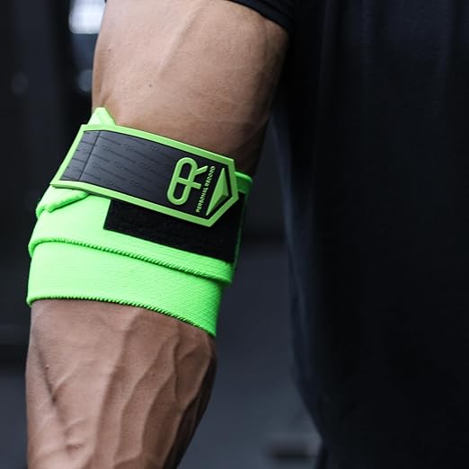 Elbow Wraps for Weightlifting - Heavy Duty Construction, 25% More Elasticity, Reinforced Stitching, Extra Wide Fastener, Easy to Adjust, (Neon)