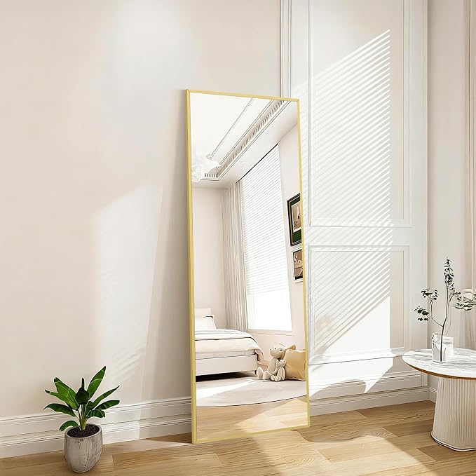 Mirrorons 56"x18" Full Length Mirror, Floor Standing or Wall Mounted with Hanging Kit, Shatterproof Tempered Glass Mirror for Living Room, Bedroom, Dressing Room, Gym (Gold)
