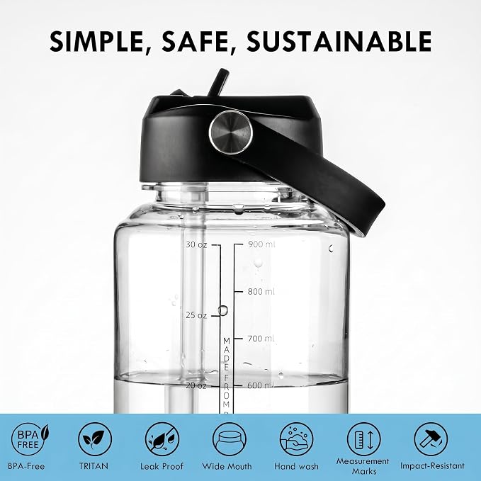OLDLEY 32oz Water Bottle with Straw,Leakproof Tritan Clear Bottle with Marked Bottle and Carry Handle, BPA-Free Wide Mouth Reusable Sports Water Bottle for Gym,Hiking, Camping, Travel, Workout,Clear