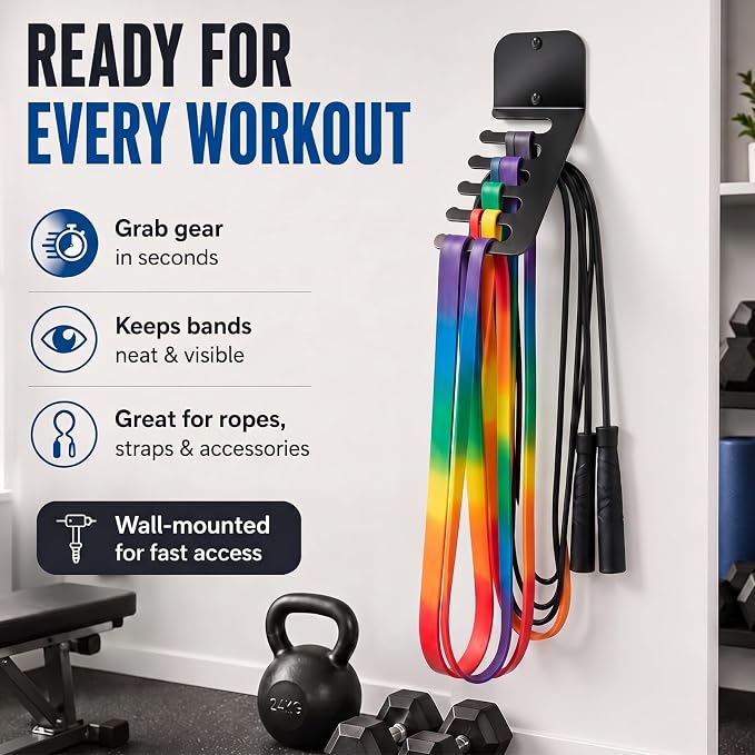 Hicarer Wall Mounted Gym Equipment Storage Rack Heavy Duty Metal Resistance Band Storage Rack Workout Organizer for Cable Attachments Lifting Belts Jump Ropes and Chains Home Gym Fitness Accessories