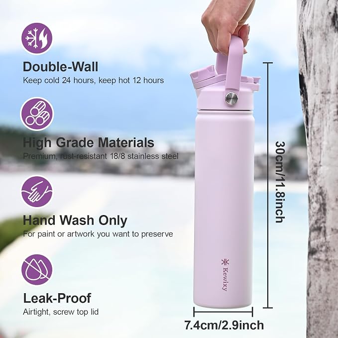 KEWIXY 24 oz Insulated Water Bottle, 2-in-1 Lid, Straw & Spout with Protected, Leak Proof, Keep Cold, Stainless Steel, Metal, Reusable, Handle, for Travel, Gym and School, 2 Lids, Pale Mauve