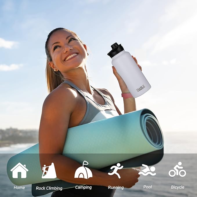 HASLE OUTFITTERS 32 oz Insulated Water Bottle Stainless Steel Double Walled Vacuum Sports Water Bottle with 2 Lids (Straw and Spout Lid) for Gym Camping Hiking(White,1)