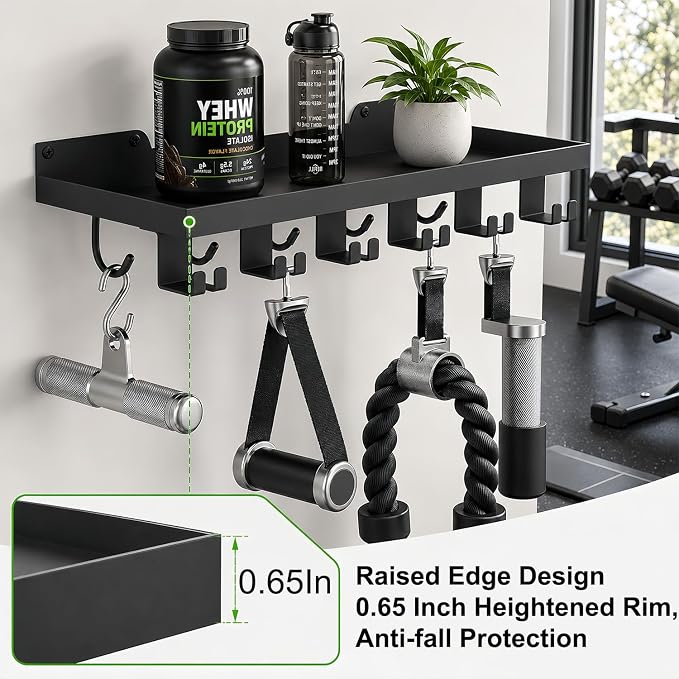 16.9x6 Inch Metal Shelf Compatible with Tonal Accessories, Floating Shelf Organizer for Home Gym Storage, 5 T-Lock Adapters Bracket Hanger, Gym Rack Wall Mounted with Hooks, Black Workout Holder