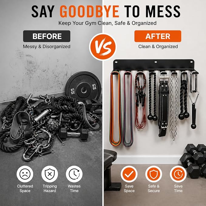 Gym Equipment Storage Rack - Multi-Purpose Home Gym Organization Storage Wall Mount for Resistance Bands, Jump Ropes, Lifting Belt, Chains, Barbells (16" / 8 Prongs)