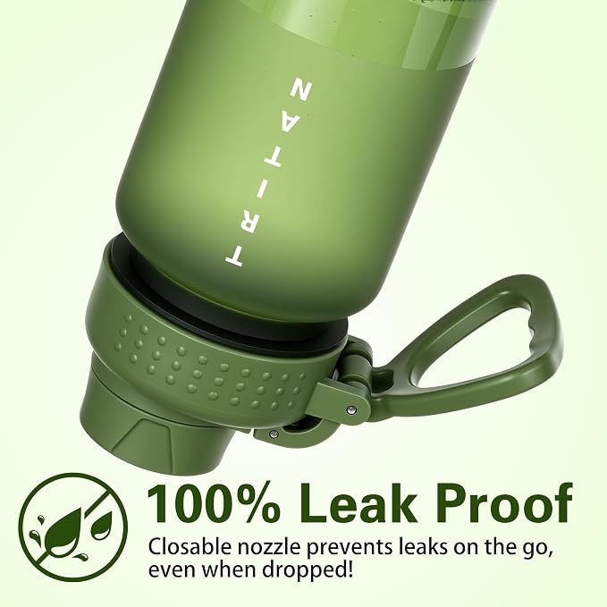 OLDLEY 32oz Water Bottle with Handle, BPA-Free Tritan Reusable Sports Water Bottle with Leak-Proof Dust Lid, Wide Mouth, Cup Holder Friendly, Half Frosted Clear Bottle for Gym,Travel,Work,Olive Green