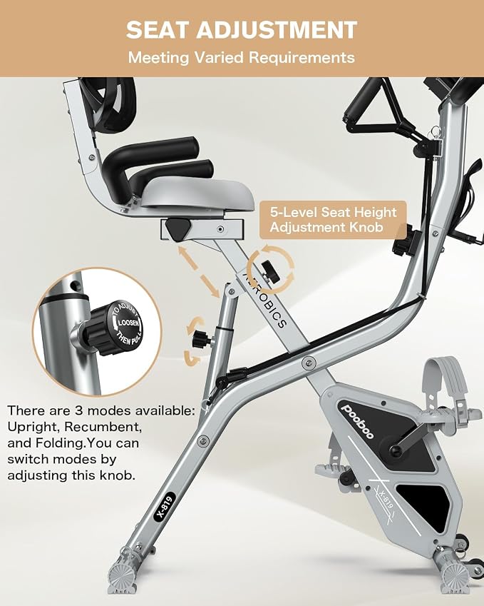 pooboo Folding Exercise Bike, Foldable Upright Stationary Bike, Indoor Cycling Magnetic X-Bike with 8-Level Adjustable Resistance, 6.6 LBS Flywheel, 300LB Capacity, Back Support Cushion for Home Gym