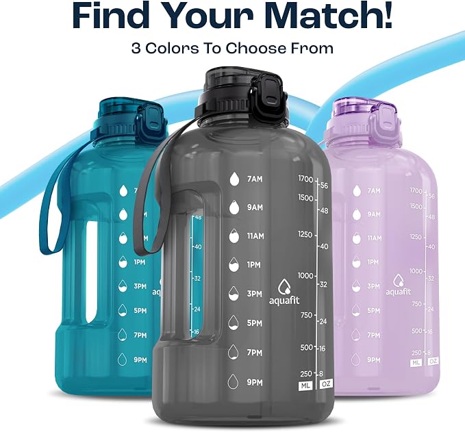 AQUAFIT Half Gallon Water Bottle with Time Marker, 2in1 Lid | BPA Free 64 oz Water Jug with 2in1 Straw and Chug Lid - Leakproof Gym Water Jug with Carry Handle (Aqua)