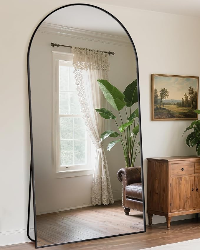 Antok Full Length Mirror, 90"x46" Floor Mirror with Stand, Hanging Mounted Mirrors for Bedroom, Living Room, Cloakroom, Dining Room, Black, Arched