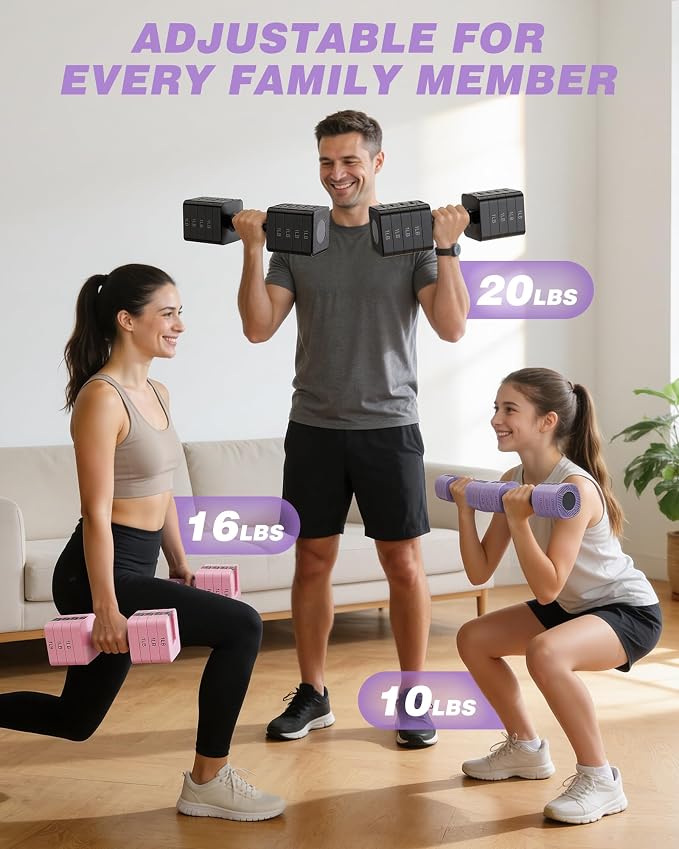 Rendpas Adjustable Dumbbell Set of 2, 10lb & 22lb Pairs (5lb/11lb Each) | Anti-Slip No-Roll Handle Weights, Bench Combo Option for Home Gym, Pilates & Strength Training