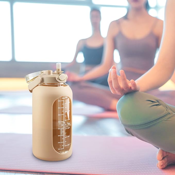 74 oz Glass Water Bottle with 2-in-1 Straw Lid Large Gallon Water Bottle with Time Marker & Removable Silicone Sleeve,Wide Mouth BPA-Free Borosilicate Bottle for Gym, Workout & Daily Use