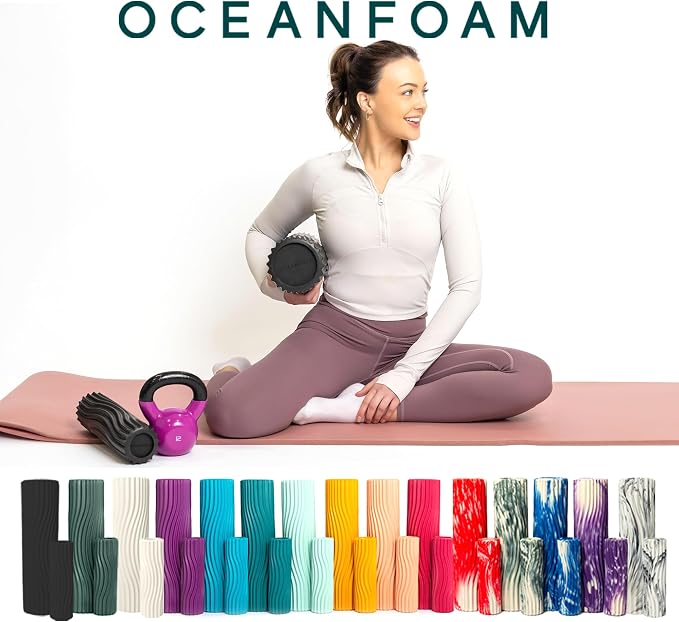 Oceanfoam Ripple Travel Foam Roller (11" x 3.35") Firm Mini Foam Roller for Physical Therapy, Deep Tissue Massage, Back Pain - High Density, Ergonomic Wave Textured - Yoga, Pilates, Exercise (Black)
