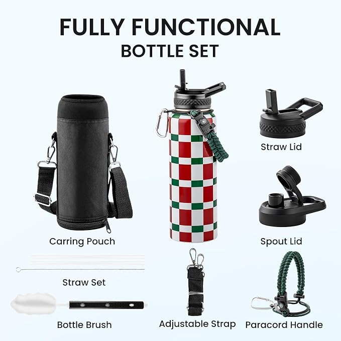 RAYMYLO Insulated Water Bottle 40 oz, Triple Wall Vacuum Stainless Steel | (Cold for 36Hrs, Hot for 18Hrs), Leak Proof & Non-BPA, Modern Water Flask Jug with Paracord Handle & Straw Spout Lids