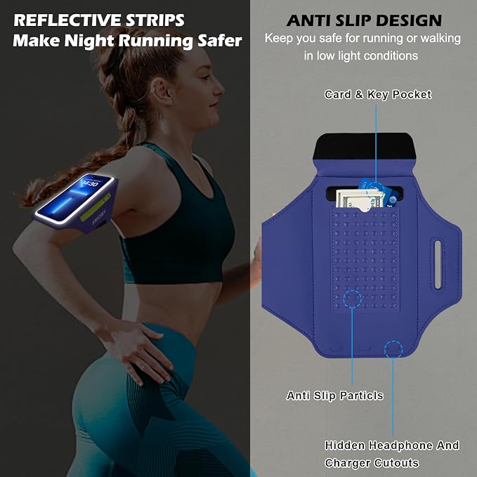 Cell Phone Running Armband with Earbuds Zipper Pocket Armband Case Running Holder for iPhone 15 Pro Max /14/13/ 12/11 Pro Max/XS/XR,Galaxy S20 S10,Sweatproof Arm Band with Card/Key Bag
