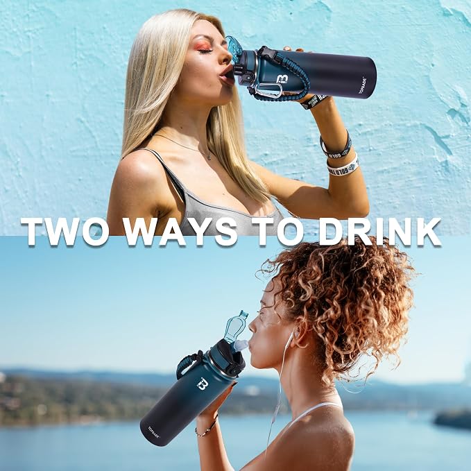 TOPBADE 32oz Insulated Water Bottle with Straw Lid & Spout Lid & Paracord Handle, Stainless Steel Water Bottle Wide Mouth, Double Wall for Women Men Gym Fitness Outdoor