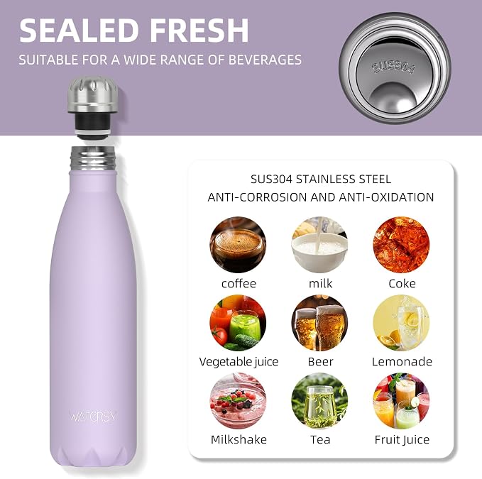 WATERSY Stainless Steel water bottles,17oz/500ml Insulated Water Bottle | Purple metal water bottle Keeps Drink Cold and Hot,BPA Free kids water bottles for School,Gym,Travel,Sports