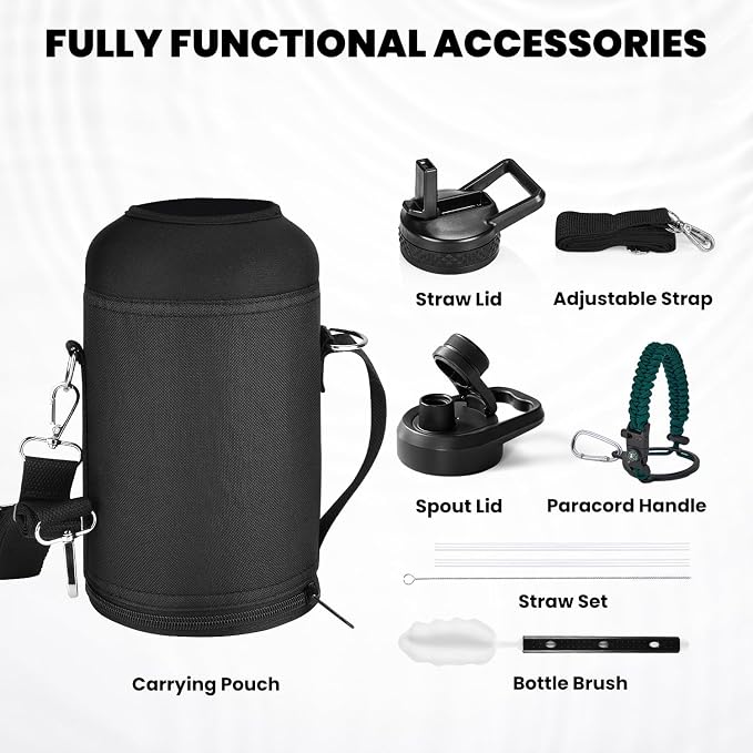 RAYMYLO Insulated Water Bottle 64 oz, Triple Wall Vacuum Stainless Steel | (Cold for 48 Hrs), Leak Proof & Non-BPA, Half Gallon Water Flask Jug with Paracord Handle & Straw Spout Lids, Dark Green