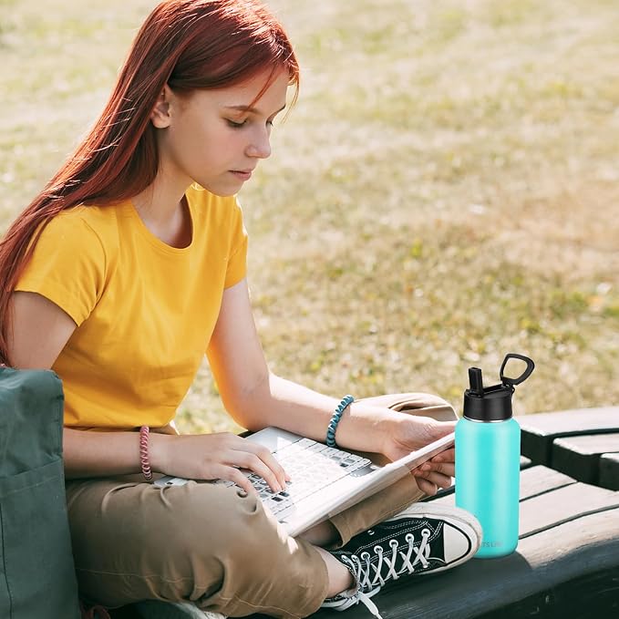 Insulated Water Bottle With Straw,32 oz Vacuum Insulated Stainless Steel Sports Water Flask,Keeps Cold and Hot,Metal Water Bottle Wide Mouth for Gym Travel Camping (Turquoise)