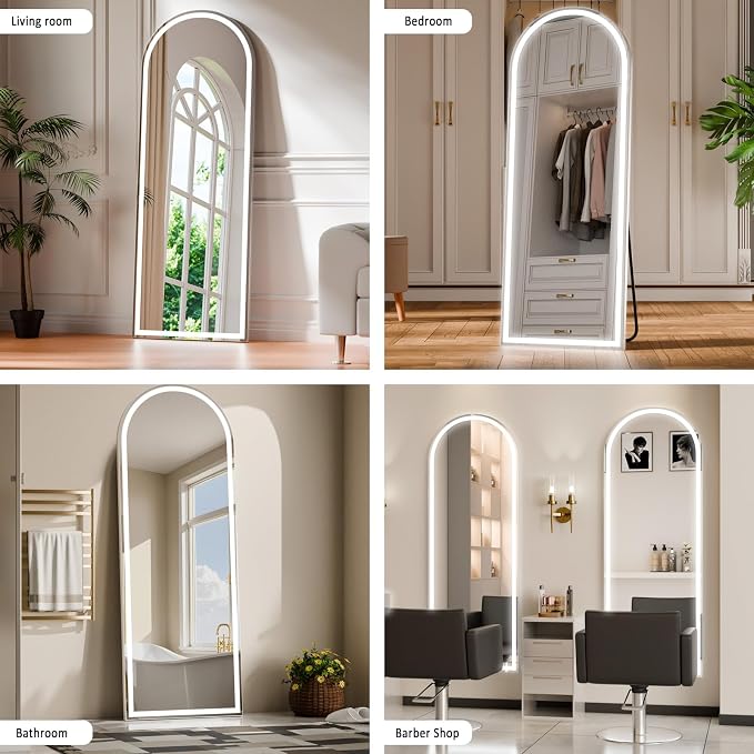 LED Arched Full Length Mirror with 3 Color Lighting 63"x20" | Floor Mirror with Dimming Aluminum Frame Standing Leaning or Hanging for Bedroom Cloakroom White