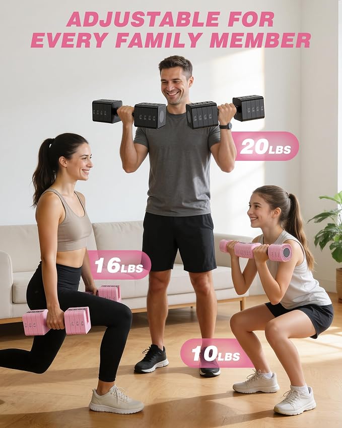 Rendpas Adjustable Dumbbell Set of 2, 10lb & 22lb Pairs (5lb/11lb Each) | Anti-Slip No-Roll Handle Weights, Bench Combo Option for Home Gym, Pilates & Strength Training