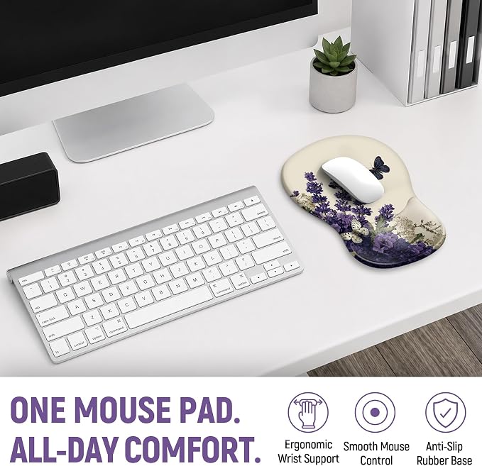 Ergonomic Mouse Pad with Wrist Rest, Gel Wrist Support, Lilac | 10.2 x 7.6 in Mouse Pad with Smooth Fabric Surface and Non-Slip Rubber Base for Office, Home, Study, and Gaming