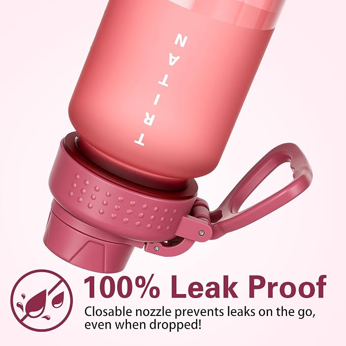 OLDLEY 32oz Water Bottle with Handle, BPA-Free Tritan Reusable Sports Water Bottle with Leak-Proof Dust Lid, Wide Mouth, Cup Holder Friendly, Half Frosted Clear Bottle for Gym,Travel, Work,Coral Pink