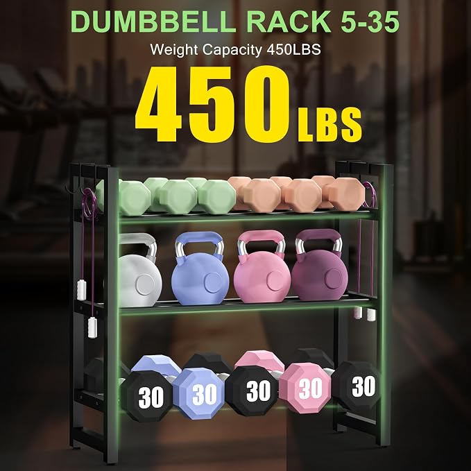 3-Tier Adjustable Dumbbell Rack, Heavy-Duty Weight Rack for Home Gym, Space-Saving Weight Storage Rack for Dumbbells, Kettlebells, Barbells & Plates (Rack Only)