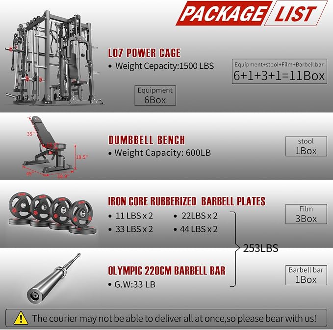 Smith Machine,Multi-Function Squat Rack Power Cage with Cable Crossover System,with Optional Weight Bench, Olympic Barbell Weight Set, for Home Gym