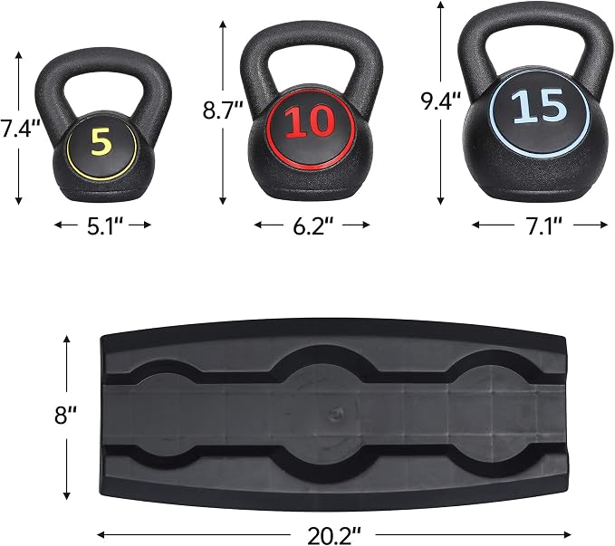 F2C 3-Piece Kettlebell Set with Storage Rack 5lb, 10lb, 15lb Weights HDPE Coated Concrete Kettlebells Core Training for Home Gym Exercise Fitness