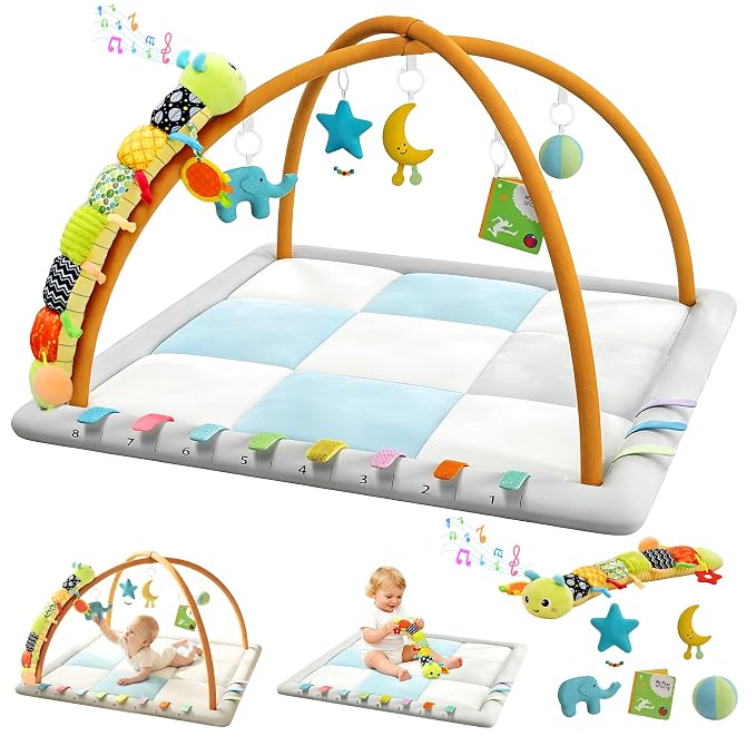 Baby Play Gym & Activity Mat, Baby Tummy time mat w 6 Detachable Toys, Promote Motor Skills & Sensory Development Mat, Newborn Infant Baby Essentials Gift.