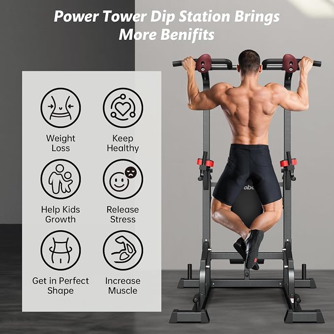 Pull Up Bar Power Tower Dip Station, 450LB Adjustable Home Gym Equipment | 11-height adjustment supports pull ups, dips, knee raises, push ups and versatile full-body strength training