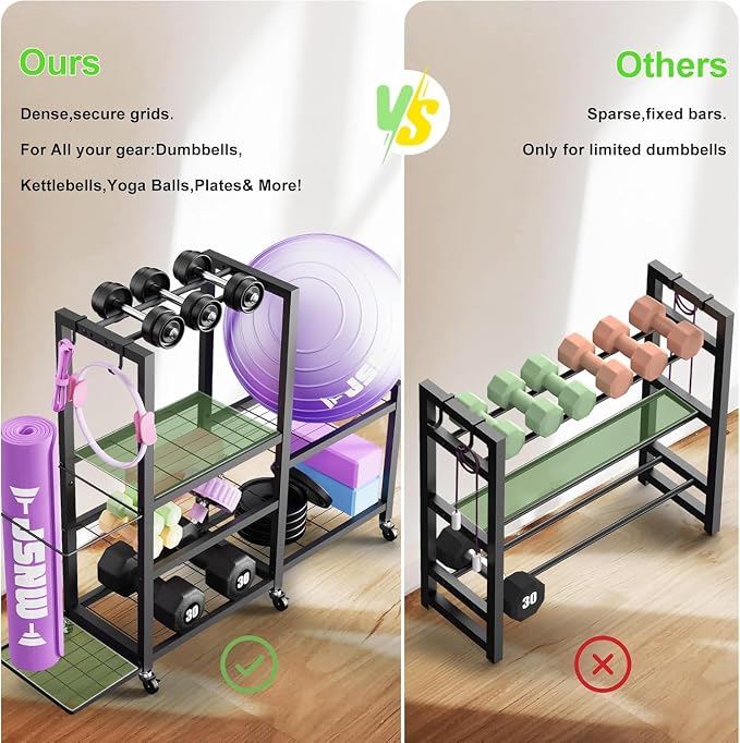 6-Tier Multi-Functional Home Gym Storage Rack with Wheels and Hooks, Adjustable Weight Rack for Dumbbells Kettlebells Yoga Mat and Balls, Space Saving Workout Equipment Storage Organizer