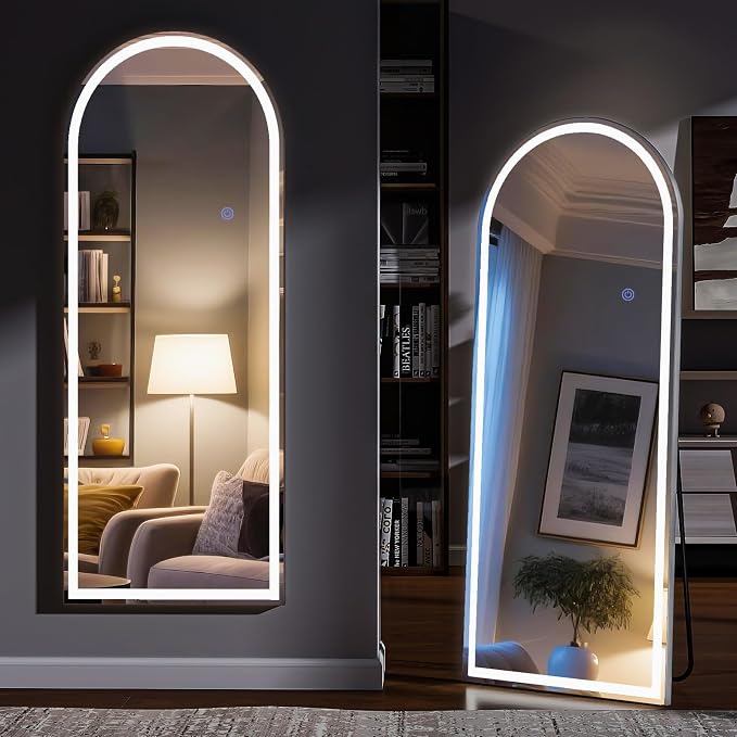 LED Arched Full Length Mirror with Lights 56"x20" | Lighted Floor Mirror with Dimming & 3 Color Lighting Aluminum Frame Standing Leaning or Hanging for Bedroom Cloakroom