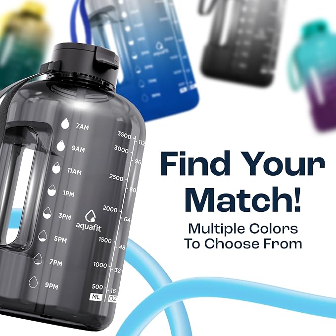 AQUAFIT 1 Gallon Water Bottle with Time Marker | BPA Free 128 oz Water Bottle with Straw and Chug Lids - Leakproof Gym Water Bottle with Carry Handle (Aqua)