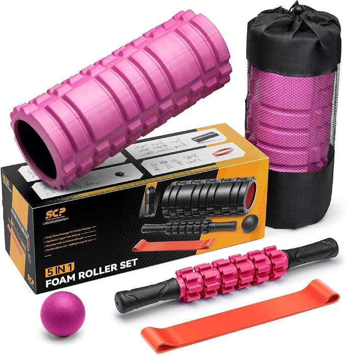SUBCULTUREPICK 5 in 1 Foam Roller Set for Deep Tissue Muscle Massage | High Density Fitness Exercise Foam Roller, Muscle Roller, Massage Ball, Resistance Band, for Whole Body Physical Therapy Pink