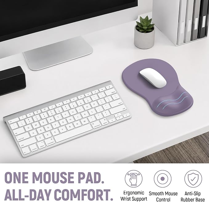 Ergonomic Mouse Pad with Wrist Rest, Gel Wrist Support, Lavender | 10.2 x 7.6 in Mouse Pad with Smooth Fabric Surface and Non-Slip Rubber Base for Office, Home, Study, and Gaming