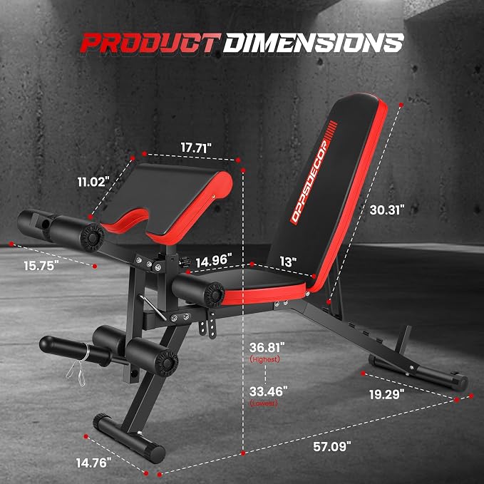 OPPSDECOR Adjustable Weight Bench with Leg Extension and Leg Curl, Workout Bench Press Preacher Curl Bench with Wheels, 800 LBS Flat/Incline/Decline Sit-Up Bench Gym Bench for Home Workout