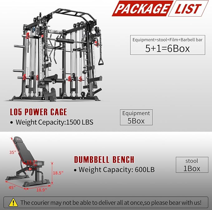 Smith Machine,Multi-Function Squat Rack Power Cage with Cable Crossover System,with Optional Weight Bench, Olympic Barbell Weight Set, for Home Gym