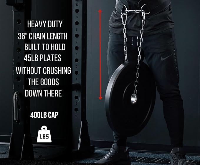 Dip Belt with Chain for Weightlifting – 42in Steel Belt Chain, 7in Padded Back Support, 400lb Capacity – Weighted Belt for Pullups, Dips, Squats – Heavy Duty Weight Belt for Men and Women