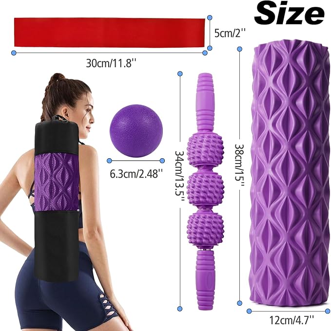 5 in 1 Foam Roller Set High Density Patented Foam Roller for Exercise | Foam Roller Massage Stick, Massage Ball, Resistance Band for Deep Muscle Massage Yoga Trigger Point Release Purple Diamond