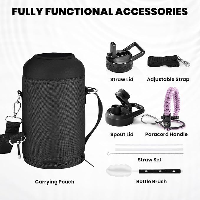 RAYMYLO Insulated Water Bottle 64 oz, Triple Wall Vacuum Stainless Steel | (Cold for 48 Hrs), Leak Proof & Non-BPA, Half Gallon Water Flask Jug with Paracord Handle & Straw Spout Lids, Lilac