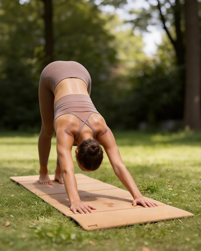 Rocalt Foldable Cork Yoga Mat, Non Slip Travel Pilates Workout Mat | 69 x 24 x 0.25 in, accordion-fold design, POE backing, carry strap for yoga, stretching and travel
