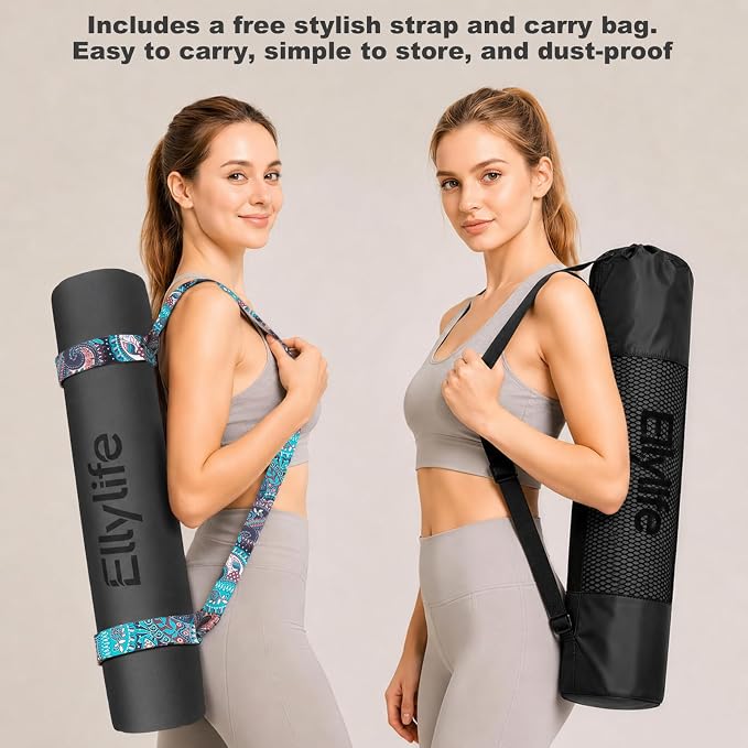 Yoga Mat - Non Slip Natural Rubber Yoga Mat, Alignment Lines, Ultimate Grip | Anti-Tear, Durable & Thick 5mm, Skin-Friendly with Free Carry Strap, Bag, for Yoga, Pilates Fitness and Floor Exercises