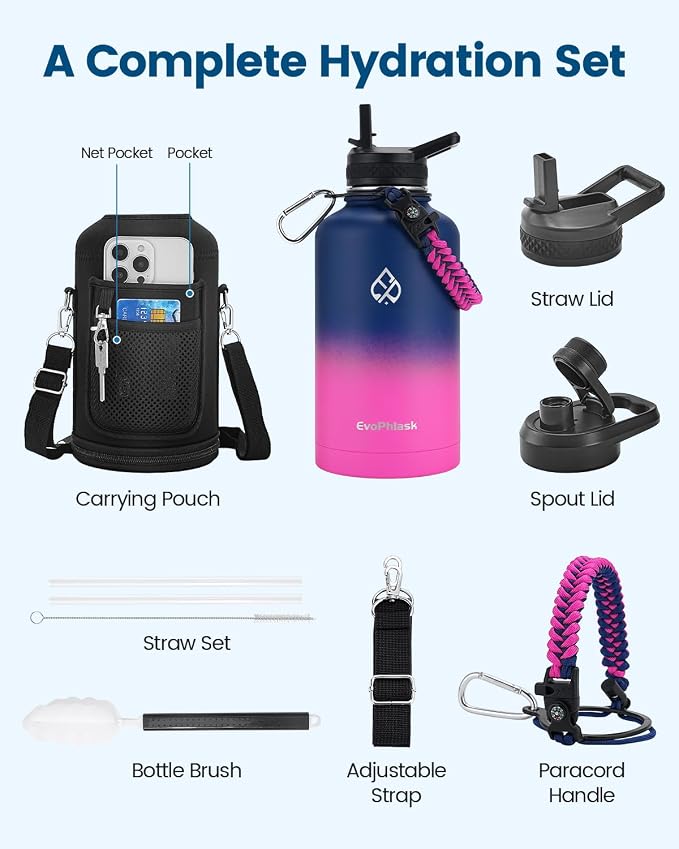 Insulated Water Bottle 64 oz with Carrier Bag, Blue/Pink | Stainless Steel, Vacuum Insulated Keep Cold 48 Hrs, Half Gallon Large Water Jug, For Travel, Sport, Gym, Hiking