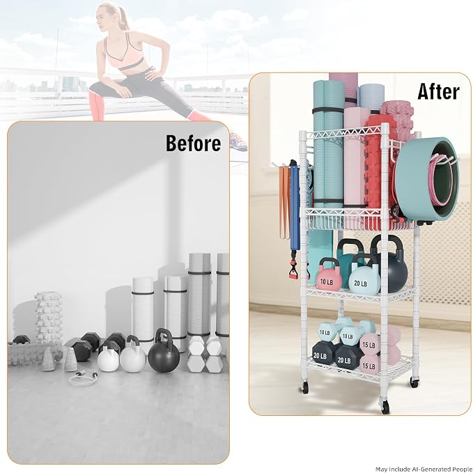 FUTASSI Home Gym Storage, 3 Tiers Workout Equipment Organizer with Wheels for Yoga Mats, Foam Roller, Dumbbells, Kettlebells, and Resistance Bands