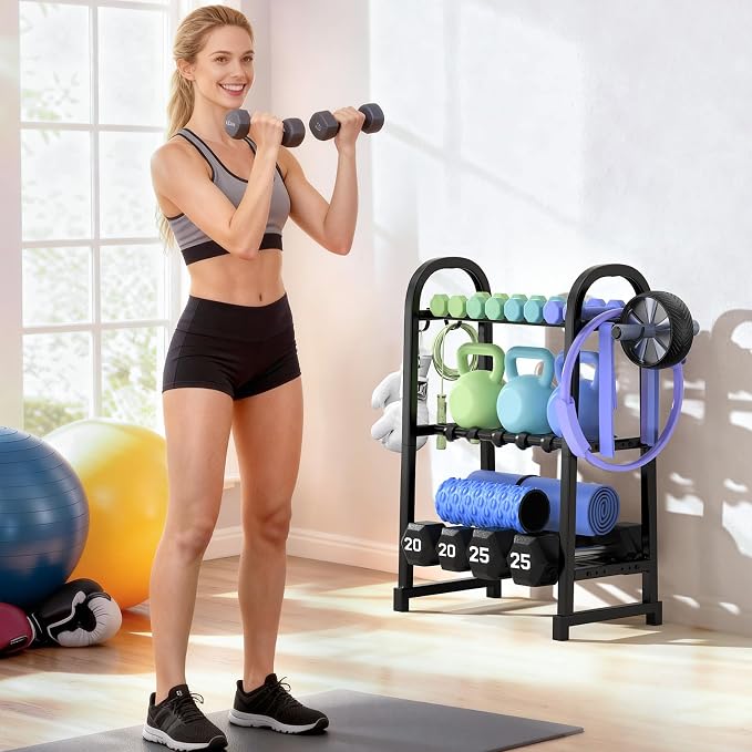 3 Tier Dumbbell Rack - Weight Rack for Home Gym: 360LB, Stand Only | Heavy Duty Adjustable Storage Rack with Hooks, Dumbbell Stand & Weight Holder, Organizer Shelf for Home Gym