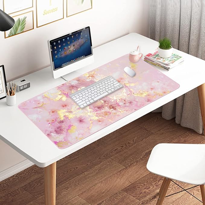 Extended Gaming Mouse Pad(35.4x15.7 in), Large Desk Pad Laptop Computer Keyboard Mat Waterproof Desk Decor Writing Pad for Work, Game, Office, Home - Pink Gold Marble