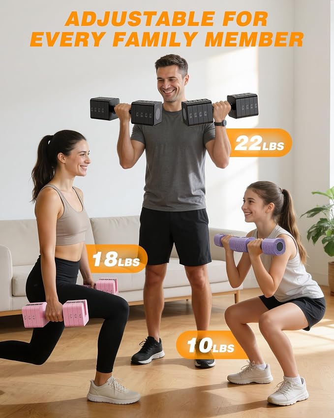 Rendpas Adjustable Dumbbell Set of 2, 10lb & 22lb Pairs (5lb/11lb Each) | Anti-Slip No-Roll Handle Weights, Bench Combo Option for Home Gym, Pilates & Strength Training